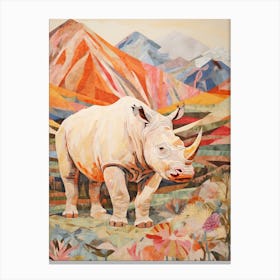 Colourful Patchwork Rhino With Mountain In The Background 5 Canvas Print