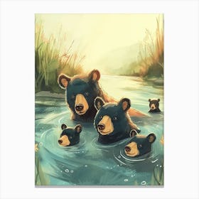 American Black Bear Family Swimming In A River Storybook Illustration 2 Canvas Print