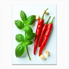 Red Chili Peppers And Basil Canvas Print