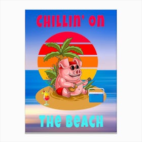 Colorful Pig Illustration Pig In Sunglasses On The Beach Under A Palm Tree Playing Music -2 Canvas Print