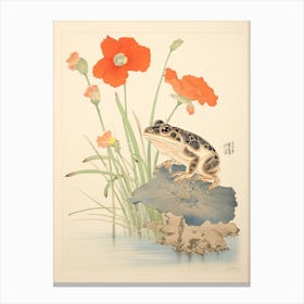 Frog And Flowers, Matsumoto Hoji Inspired Japanese Woodblock 1 Canvas Print
