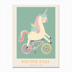 Pastel Storybook Style Unicorn On A Bike 4 Poster Canvas Print