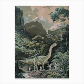 Paleontologists Observing A Dinosaur In The Jungle Painting Canvas Print