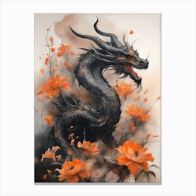 Japanese Dragon Abstract Flowers Painting (14) Canvas Print