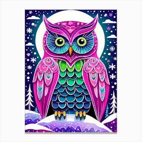Pink Owl Snowy Landscape Painting (240) Canvas Print