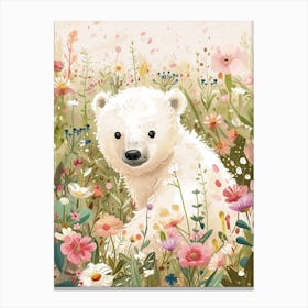 Polar Bear Cub In A Field Of Flowers Storybook Illustration 2 Canvas Print