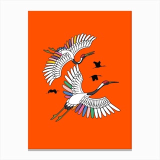 Colourful Rainbow Cranes Birds With Red Background Canvas Print