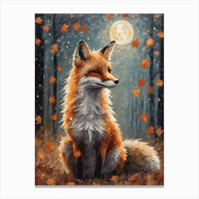 Cottagecore Fox in Autumn - Acrylic Paint Fall Fox with Falling Leaves at Night, Full Moon Perfect for Witchcore Cottage Core Pagan Tarot Celestial Zodiac Gallery Feature Wall Beautiful Woodland Creatures Series HD Canvas Print