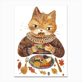 Brown Cat Eating Salad Folk Illustration 3 Canvas Print