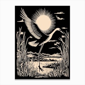 B&W Bird Linocut Crane 4 Canvas Print