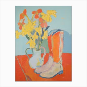 Painting Of Yellow Flowers And Cowboy Boots, Oil Style 5 Canvas Print