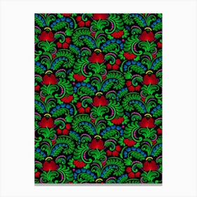Floral Fairytail - Beauty Forest Flower - Bloom Fantasy Wildflower - Folk Ukrainian Ornament Obereg - Petrykivka - Green Fern Leaves Red Guelder Rose - Colorful Petal Mood on Black Canvas Print