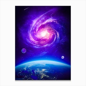 Purple Galxy With Moon And Earth In Space Canvas Print