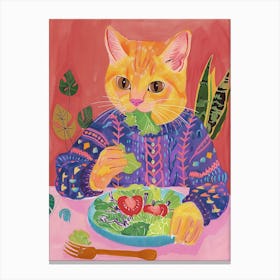 Tan Cat Eating A Salad Folk Illustration 4 Canvas Print