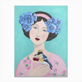 Woman With Bird And Cherry Canvas Print