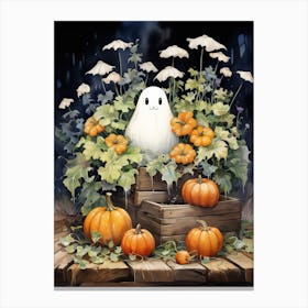 Cute Bedsheet Ghost, Botanical Halloween Watercolour 27 Canvas Print