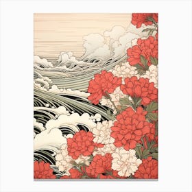 Great Wave With Sweet William Flower Drawing In The Style Of Ukiyo E 2 Canvas Print