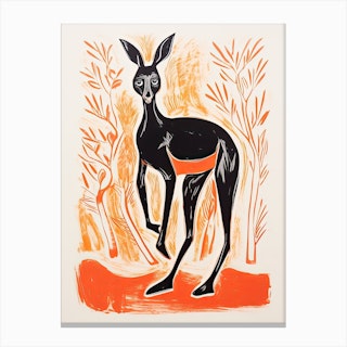 Kangaroo, Woodblock Animal Drawing 2 Canvas Print
