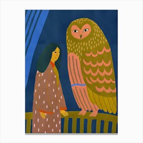 Owl And Woman Girl Canvas Print