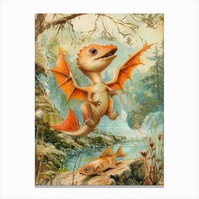 Baby Dinosaur With Wings Catching A Fish Storyboo Style Canvas Print