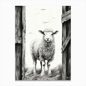 Sheep In Wooden Barn Black & White Illustration Canvas Print