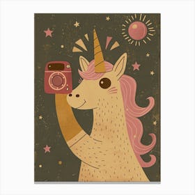 Unicorn Taking A Photo With A Camera Pink Mustard Muted Pastels Canvas Print