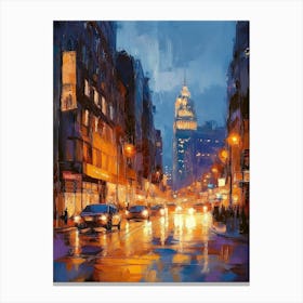 Painting Of Street In Modern Urban City At Evening Canvas Print