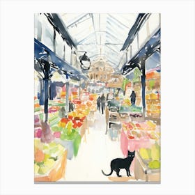 Food Market With Cats In Copenhagen 2 Watercolour Canvas Print