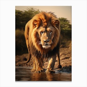 African Lion Drinking From A Stream Realistic 7 Canvas Print