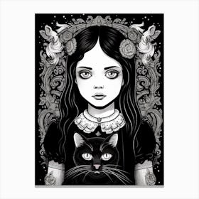 Wednesday Addams And A Cat Line Art Noveau 7 Fan Art Canvas Print