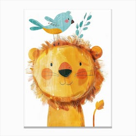 Small Joyful Lion With A Bird On Its Head 6 Canvas Print