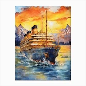 Titanic Ship At Sunset Sea Watercolour 2 Canvas Print