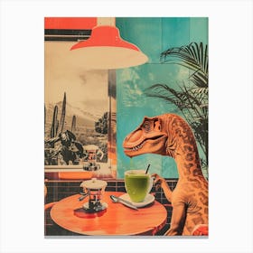 Dinosaur Drinking A Matcha Latte Retro Abstract Collage 3 Canvas Print