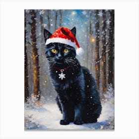 The Yule Cat - Magical Cottagecore Black Cat in a Santa Hat Art in A Winter Forest on a Magical Morning - Acrylic Paint Snowing Art With Falling Snow Perfect for Cottage Core Pagan Tarot Celestial Zodiac Gallery Feature Wall Christmas Yule Beautiful Woodland Fairycore Series HD Canvas Print
