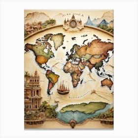 A World Map Visualizing An International Journey Pinpointing Iconic Historical Landmarks Across Var (2) Canvas Print