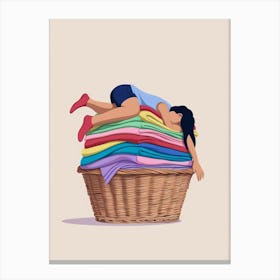 Woman Sleeping On A Pile Of Clothes Canvas Print