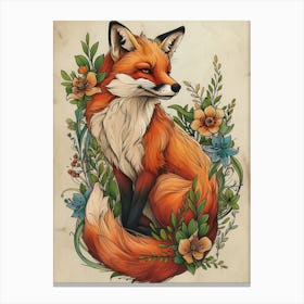 Amazing Red Fox With Flowers 9 Canvas Print