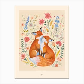 Folksy Floral Animal Drawing Fox 2 Poster Canvas Print