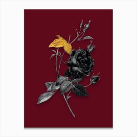 Vintage Blood Red Bengal Rose Black and White Gold Leaf Floral Art on Burgundy Red n.0127 Canvas Print