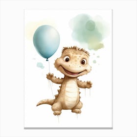 Baby Crocodile Flying With Ballons, Watercolour Nursery Art 1 Canvas Print