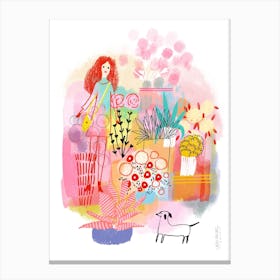 Dog And Lady Visit The Flower Shop Canvas Print