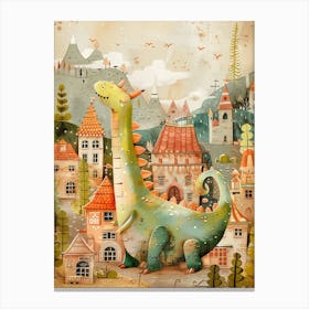 Dinosaur In A Village Storybook Style 1 Canvas Print