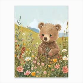 Brown Bear Cub In A Field Of Flowers Storybook Illustration 1 Canvas Print
