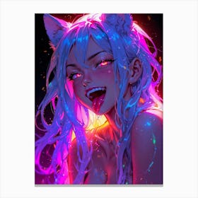 Cat girl cosplay — a neon beauty with cat ears and captivating pink hues, she embodies fantasy in the cyberpunk anime realm. Canvas Print