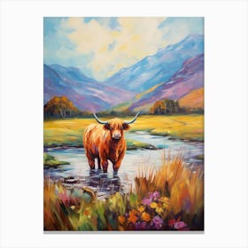 Impressionism Style Painting Of A Highland Cattle In The River 1 Canvas Print
