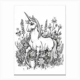 Unicorn In The Garden With A Watering Can Black & White Doodle 1 Canvas Print