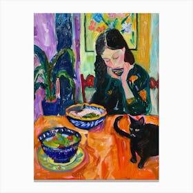 Girl With Cats Eating Noodles Canvas Print