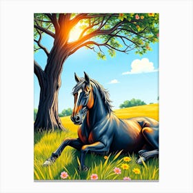 Horse in The Gras under A Tree Canvas Print