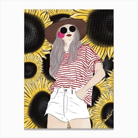 Girl with sunglasses and sunflowers Canvas Print