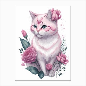 Pink Floral Cat Painting (8) Canvas Print